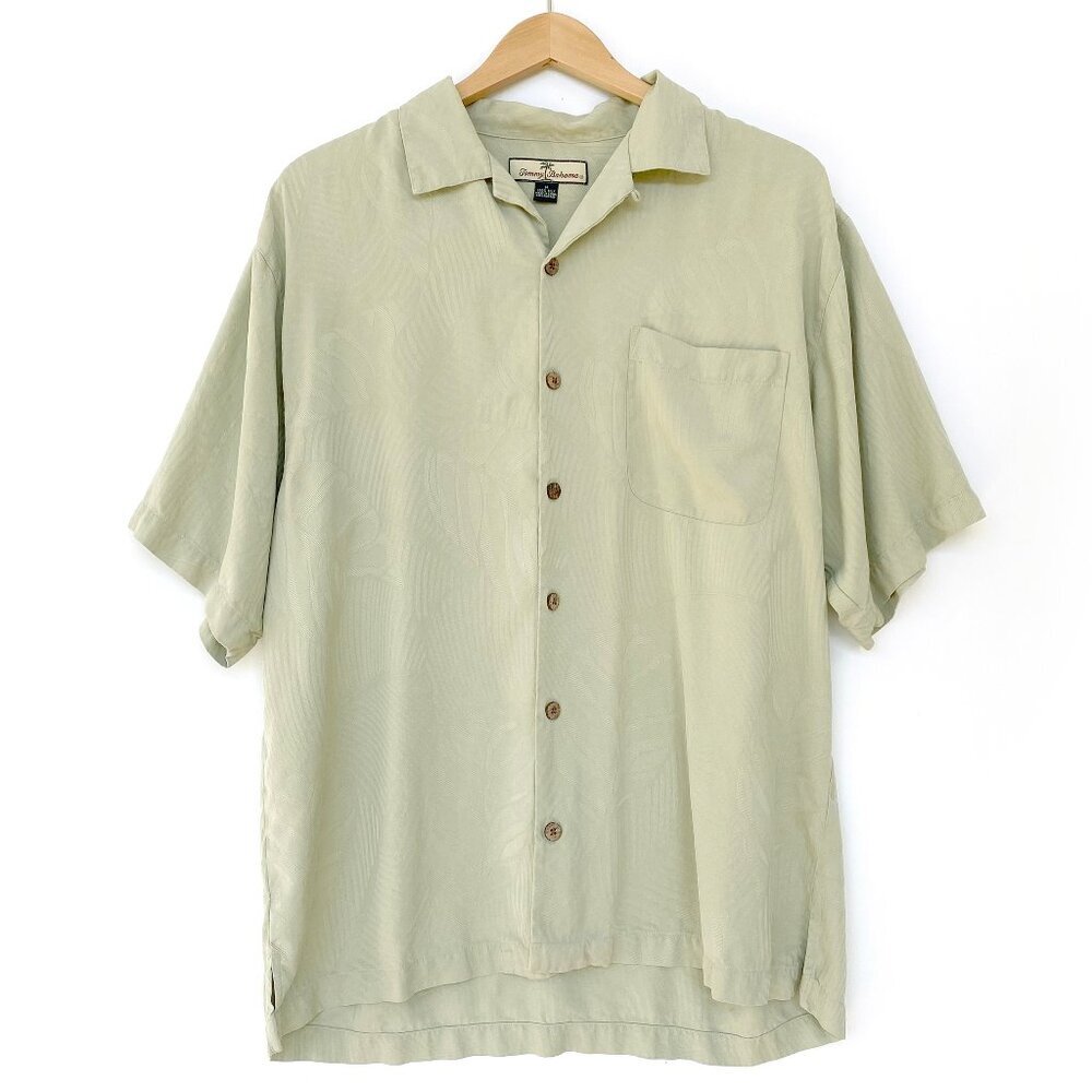 Tommy Bahama Light Sage 100% Silk Palm Jacquard Camp Shirt M
